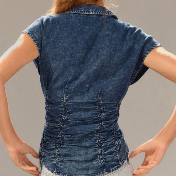 🔥Anthropologie Pilcro Ruched Blue Denim Blouse - Picture 3 of 8